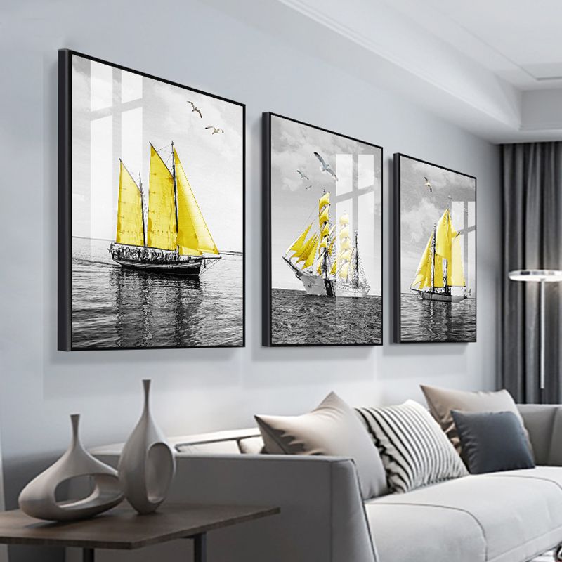 Sea Sailing Ships Wall Art Living Room Scenery Canvas Print in Yellow-Grey, Set of 3