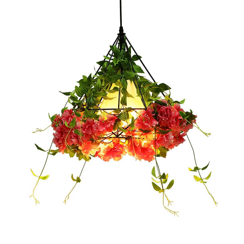 15"/18" W Green Diamond Cage Pendant Light Vintage Metal 1 Light Dining Room Fabric Ceiling Lamp with Artificial Art Plant