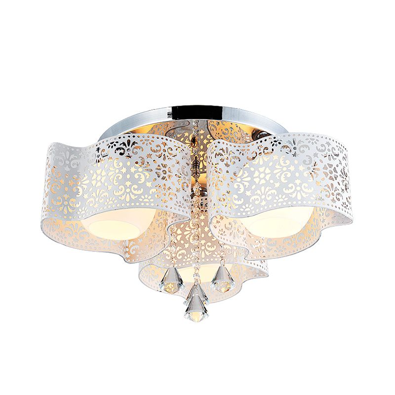 Modernist Etched Flower Ceiling Lamp Crystal 3/5 Lights Ceiling Lamp with Opal Glass Ball Shade in Pink/White