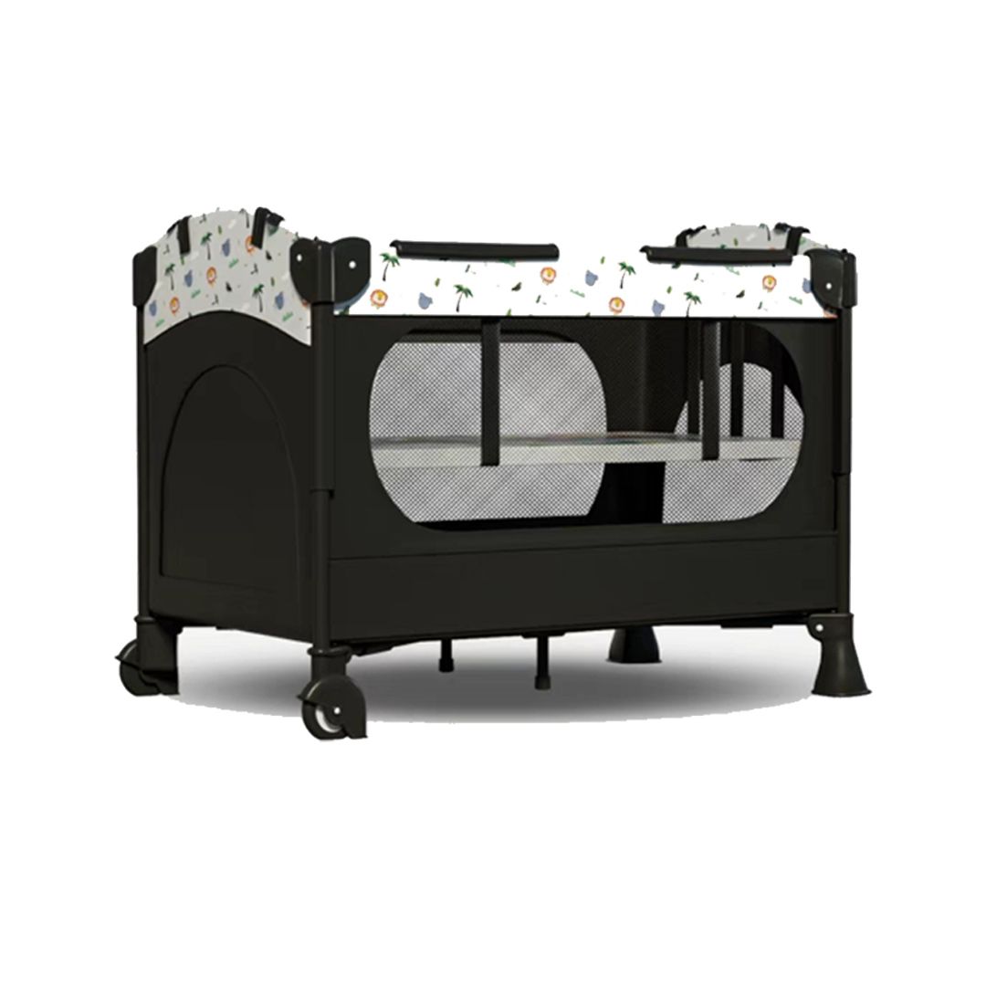 Modern Mini Folding Crib in Black 2-in-1 Convertible Crib with Mattress