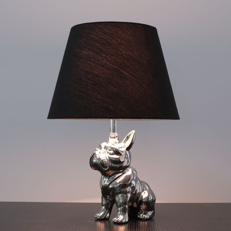 Silver/Gold 1 Head Night Lamp Traditional Resin Dog Nightstand Light with Conical Fabric Shade for Bedroom