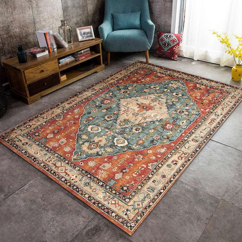 Traditional Medallion Carpet Red Tone Polyester Rug Anti-Slip Backing Carpet for Home Decoration