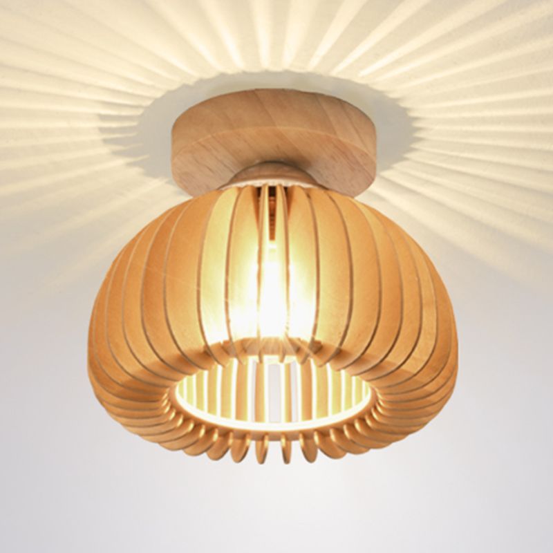 Contemporary Dome Flush Light Wood 1 Light Flush Mount Ceiling Fixture in Brown