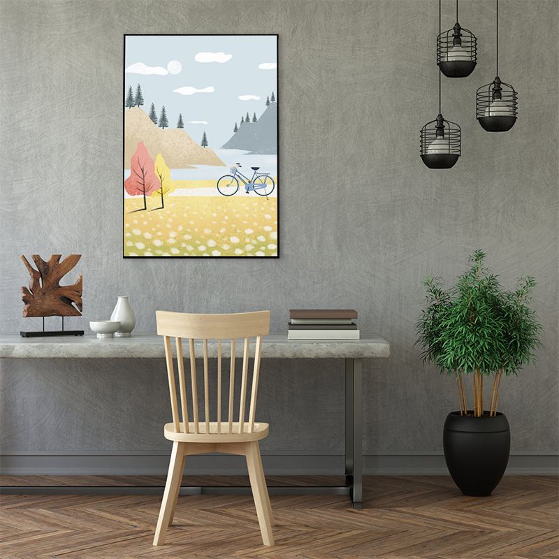 Drawing Print Sightseeing Canvas Art Textured Nordic Girls Room Wall Decor in Blue-Yellow