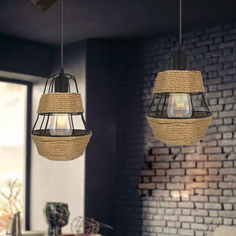 Zwarte draadbescherming Lichte lodge stijl 1 lamp metaal en touw hanger plafondlicht voor woonkamer