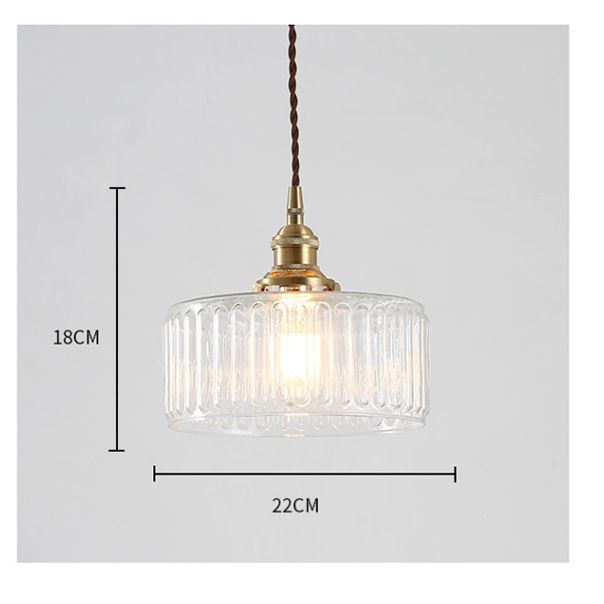 Vintage 1 Light Pendant  Lamp Clear Ribbed Glass Drum Pendant Lighting  for Living Room