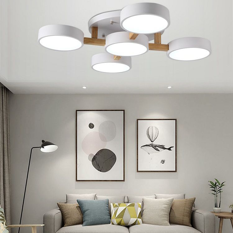 Houten sputnik led plafondlicht in moderne singulariteit smeedijzeren macaron flush mount met acryl schaduw