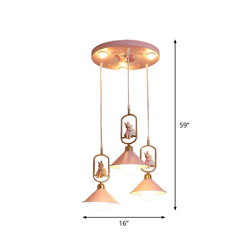 Cartoon Cone Shade Multi Ceiling Light Metallic 6 Bulbs Nursery Suspension Lighting with Resin Figurine in Pink