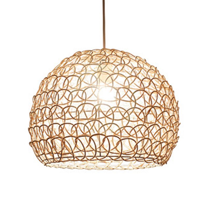 Double Rattan Shade Dome Hanging Light Asian Style Hand Weaving 1-Light Pendant with 39.3" Adjustable Wire