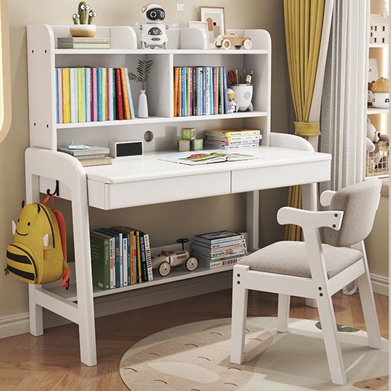 Solid Wood Study Desk Home with Bookshelf with Storage Drawer Writing Desk