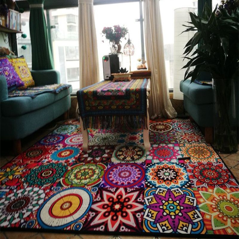 Multicolor Home Decoration Carpet Retro Moroccan Tile Area Rug Polyester with Non-Slip Backing Rug