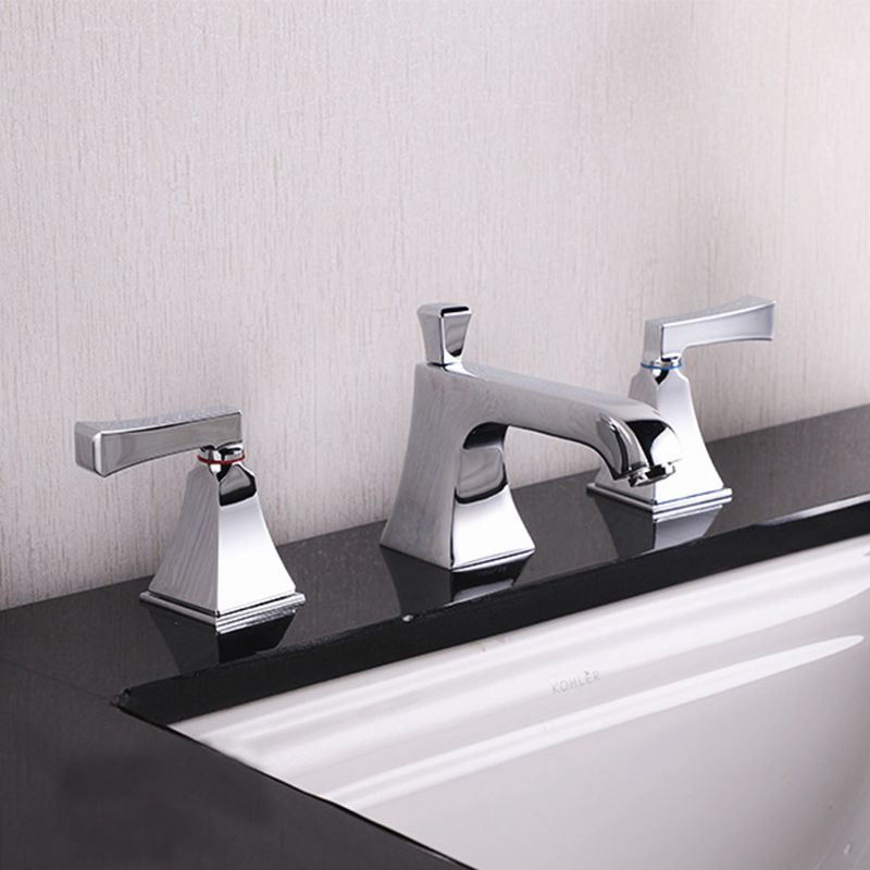 Double Handle Vanity Sink Faucet Brass 3 Hole Bathroom Faucet with Hot and Cold Indication