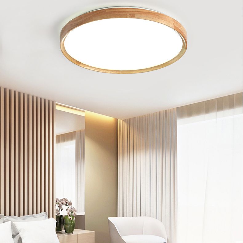 Modern Minimalist LED Ceiling Light Wooden Circular Flush Mount in Brown