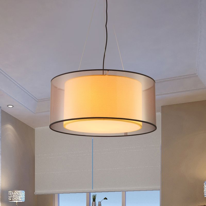 2 Layers Rectangle/Round Chandelier Modern Fabric 3 Bulbs Dining Room Ceiling Suspension Lamp in Flaxen