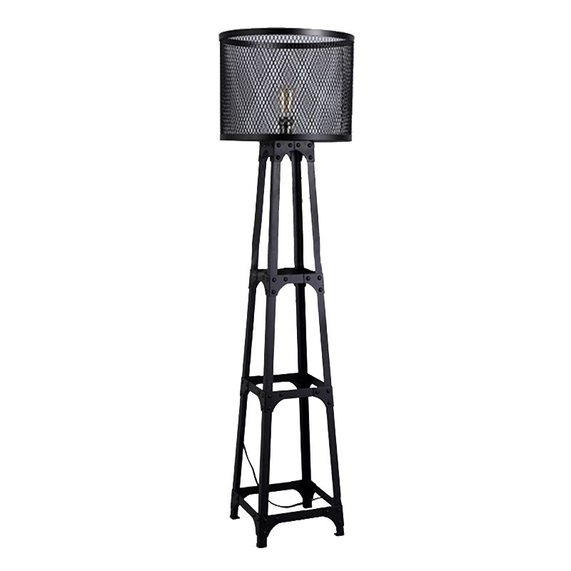 1 Head Mesh Screen Standing Light with Drum Shade Retro Industrial Black Finish Metal Standing Floor Light