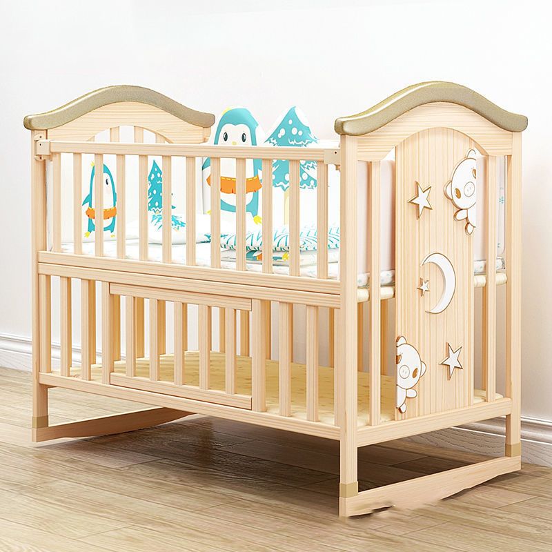 Baby Crib 4-in-1 Convertible Crib Nursery Bed with Guardrail and Casters