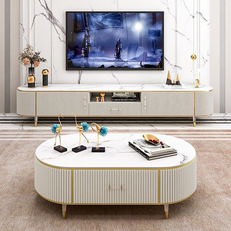 Glam Style Stone TV Stand Open Storage TV Stand Console with 2-Door