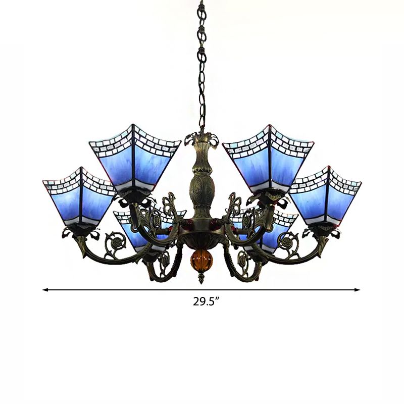 Chandeliers for Dining Rooms with Chain, 6 Lights Geometric Hanging Fixture with Art Glass Shade Tiffany Style