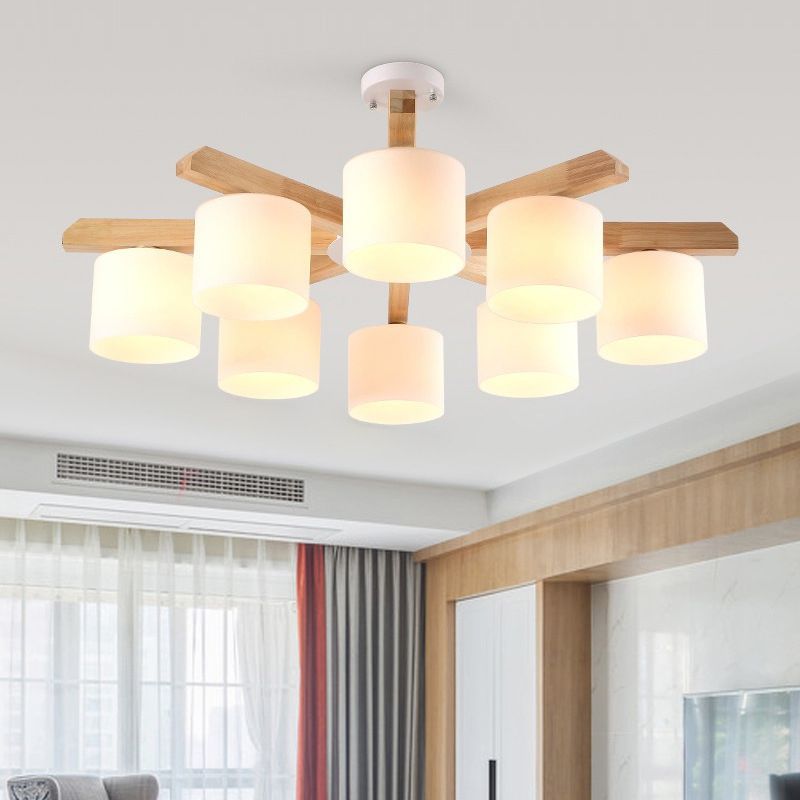 Opal Glass Barrel Shade Hanging Light Contemporary LED Wood Chandelier Light Fixture for Living Room