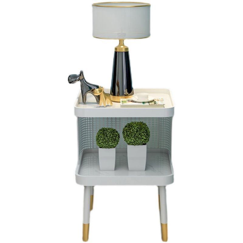 Glam Metal Accent Table Nightstand Stone Top 22'' Tall Open Storage Night Table with Legs