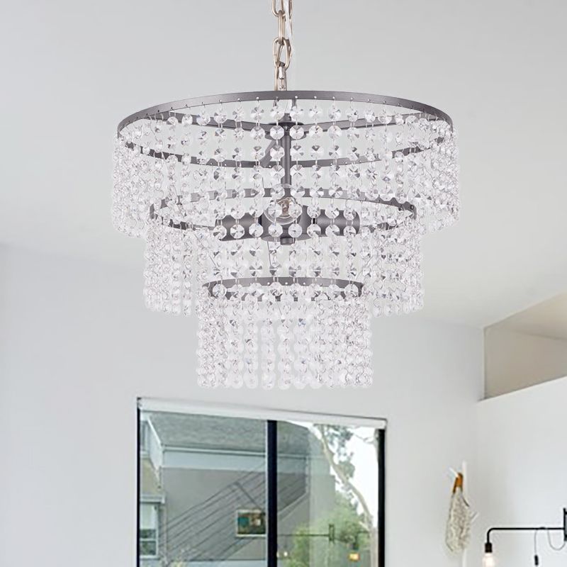 3 Tiers Round Hanging Lamp Modern Metal 3 Lights Chandelier Lighting with Clear Crystal Bead in Matte Black