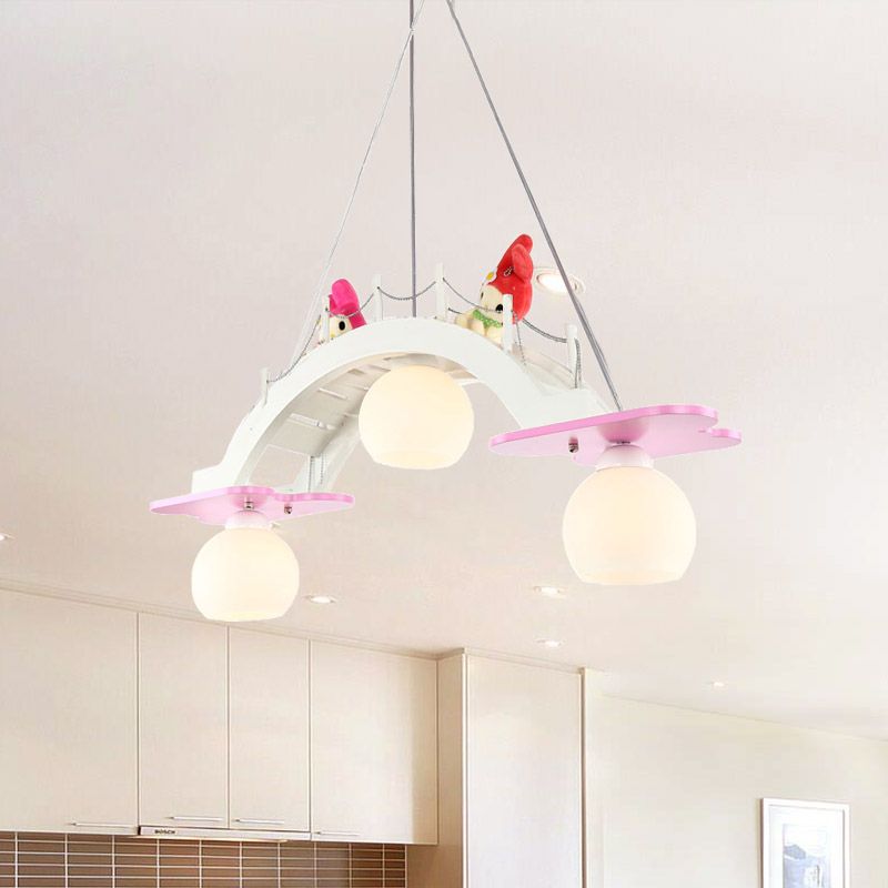 Bridge Nursery Cluster Pendant Lamp Wooden 3 Heads Kids Suspension Light in Blue/Pink with Cream Glass Shade