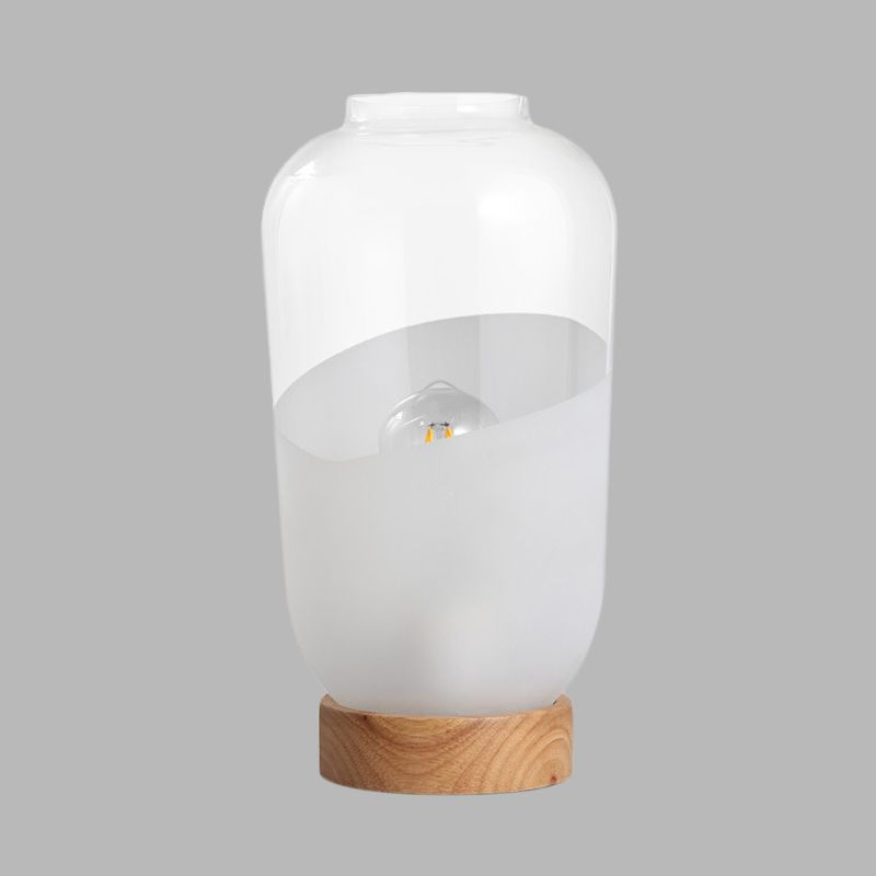 Jar Shaped Living Room Desk Light Clear and White Glass 1 Head Simple Nightstand Lamp with Wood Base