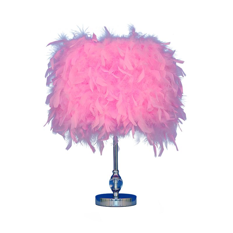 Simplicity Drum Night Lamp Feather 1-Light Bedroom Table Lighting in Pink/Red/Yellow with Crystal Decor