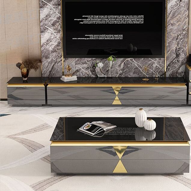 Glass and Wood TV Media Console with Drawers Glam TV Stand Console