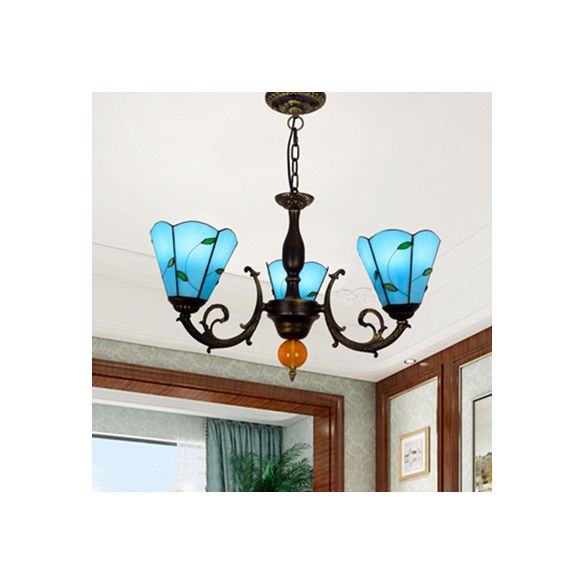 Blue Conic Shade Chandelier Light Industrial Vintage Stained Glass 3 Lights Leaf Inverted Chandelier