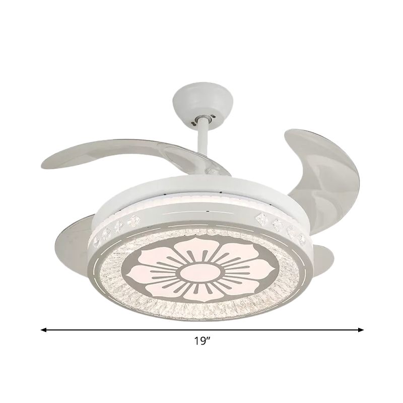 Simple 19" Wide LED Semi Flush Ceiling Light White Round Pendant Fan Lamp with Acrylic Shade, 4 Blades