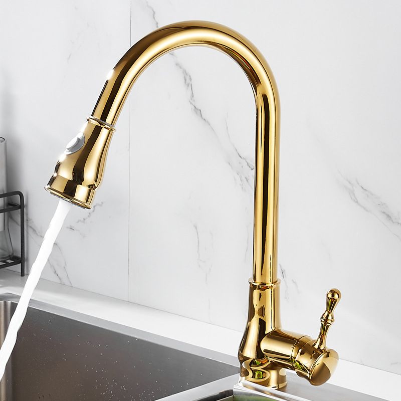 Brushed Gold Kitchen Sink Faucet High Arch Swivel Spout with Pull Out Sprayer