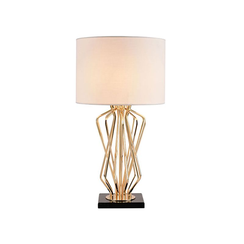 Gold Finish Hourglass Night Light Modern 1-Bulb Metal Table Lamp with Black/White Cylinder Fabric Shade