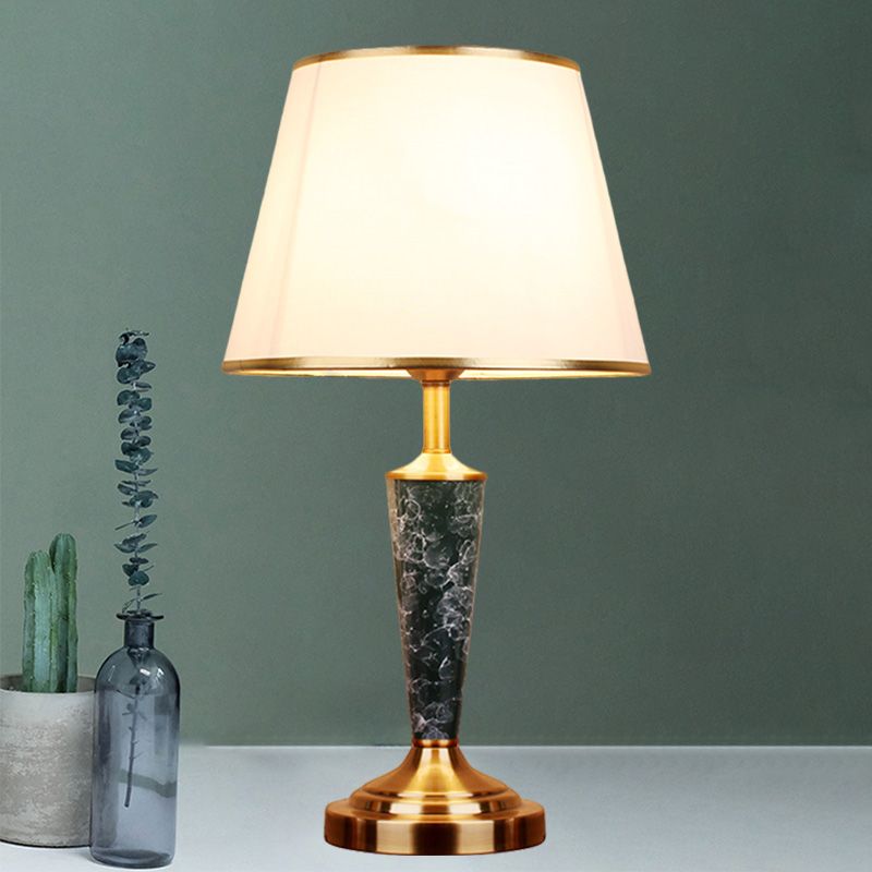 Fabric White Night Table Lamp Flared Shade 1-Head Vintage Style Desk Light with Leaf Design