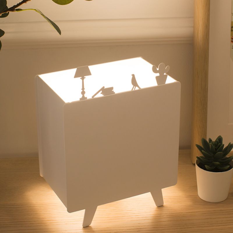 Metallic Square Reading Light Nordic 1-Light White Night Table Lamp with Iron Carving