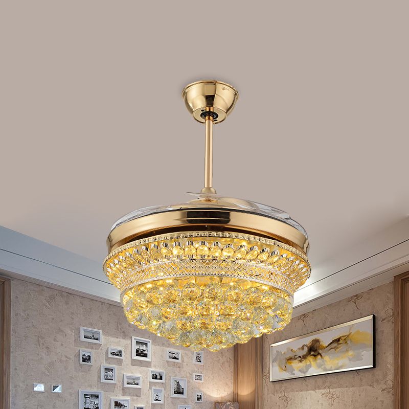 43" Wide Scalloped LED Fan Lamp Modern Stylish Gold Crystal Orbs Semi Flush Light Fixture with 4 Blades