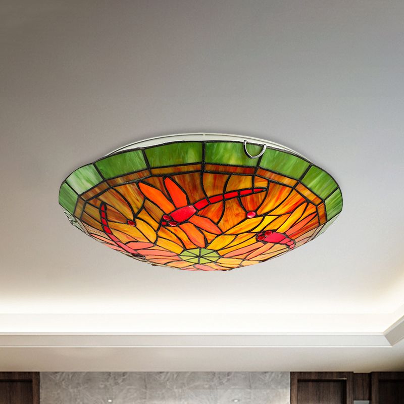 Lodge Dragonfly/Floral Flushmount 3 Bulbs Stained Glass Flush Ceiling Light in Yellow for Living Room