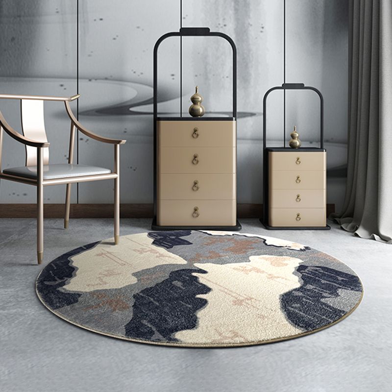 Round Grey Tone Shabby Chic Rug Polyester Carpet Ink Landscape Print Indoor Rug Non-Slip Backing for Living Room