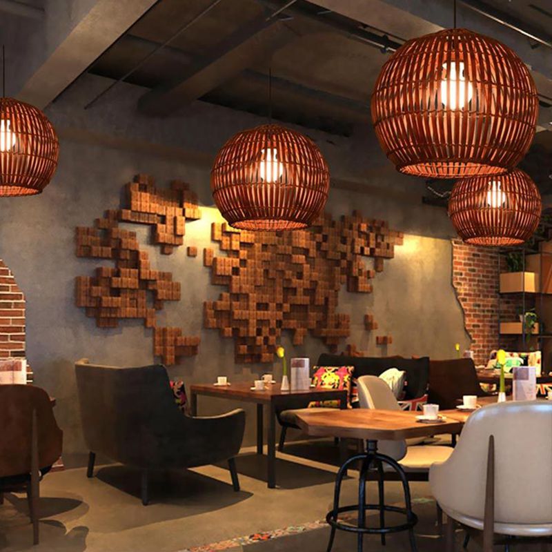 Chinese Rattan Hanging Pendant Light 1-Light Dome Pendant for Dining Room