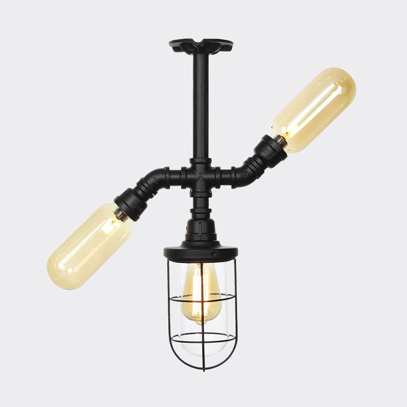 Clear Glass Ball/Capsule Flush Light Industrial 3-Head Foyer Semi Flush Mount in Black with Cage