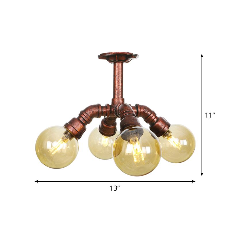 Farmhouse Global Semi Mount Lighting 4/5/6-Light Amber Glass LED Flush Lamp Fixture in Copper