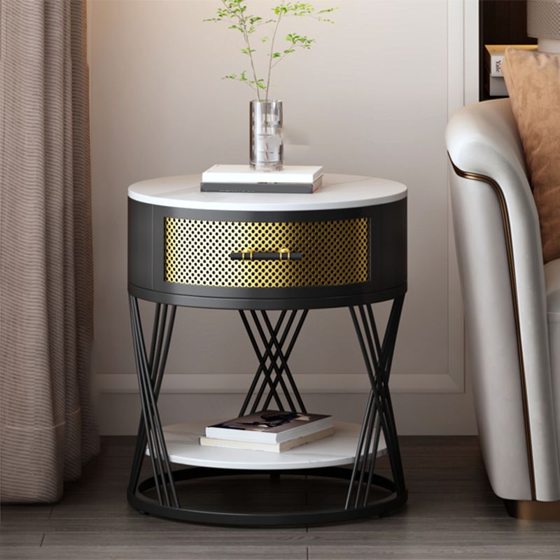 Glam Stone Top Night Table Open Storage 1-Drawer Metal Legs Included Nightstand