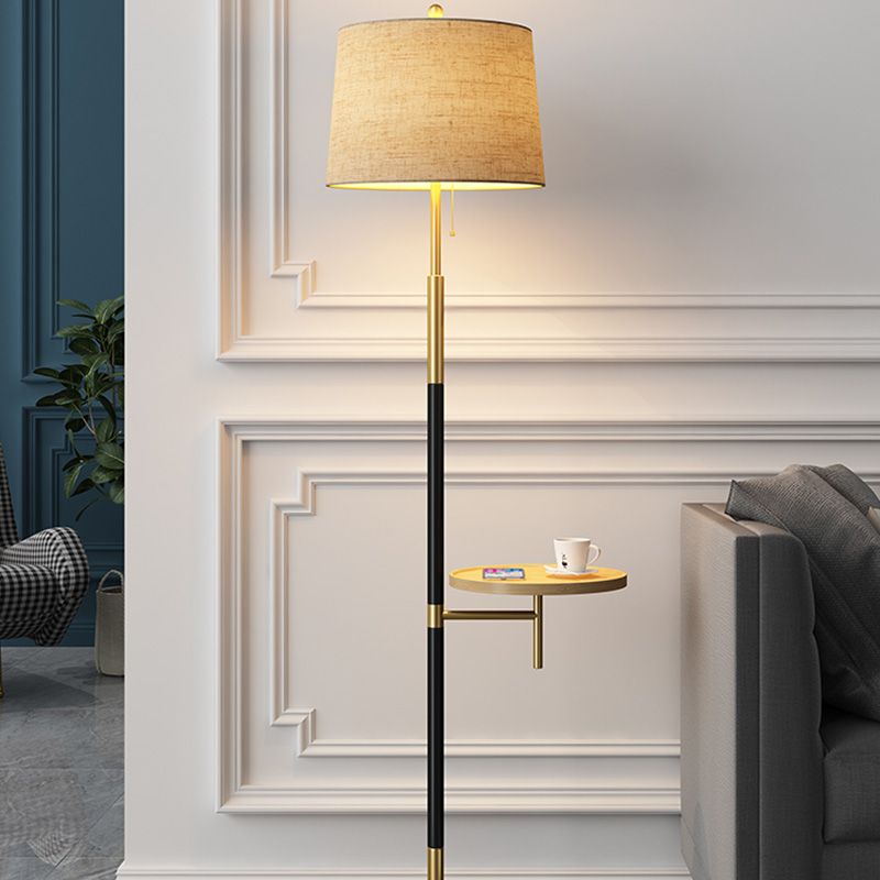 Fabric Empire Shade Floor Lamp Traditional Single Living Room Pull Chain Standing Light with Wooden Tray in Gold-Black