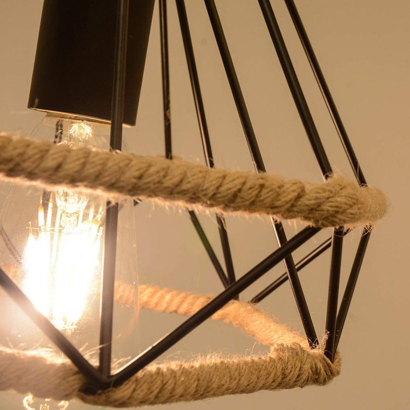 Black Diamond Pendant Ceiling Vintage Metal and Rope 1 Light Coffee Shop Hanging Lamp with Cage