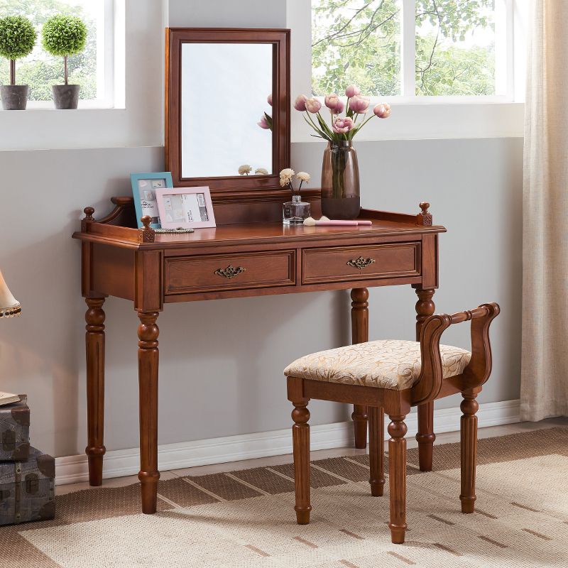 Traditional 2-Drawer Brown Solid Wood Dressing Table with Mirror Makeup Vanity Stool