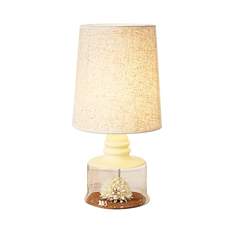 Pastoral Bucket Table Lamp 1-Bulb Fabric Night Light in Clear/Blue/Black with Dried Flower and Glass Base