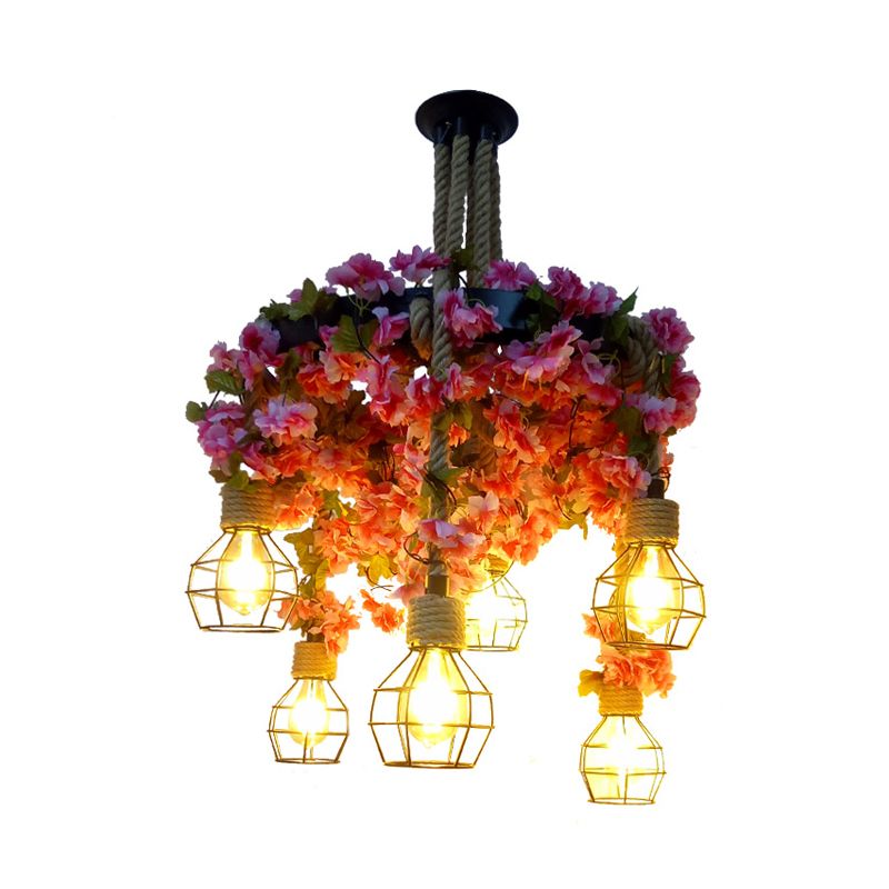 Metal Pink Chandelier Light Bare Bulb 6 Bulbs Vintage LED Drop Pendant with Cherry Blossom