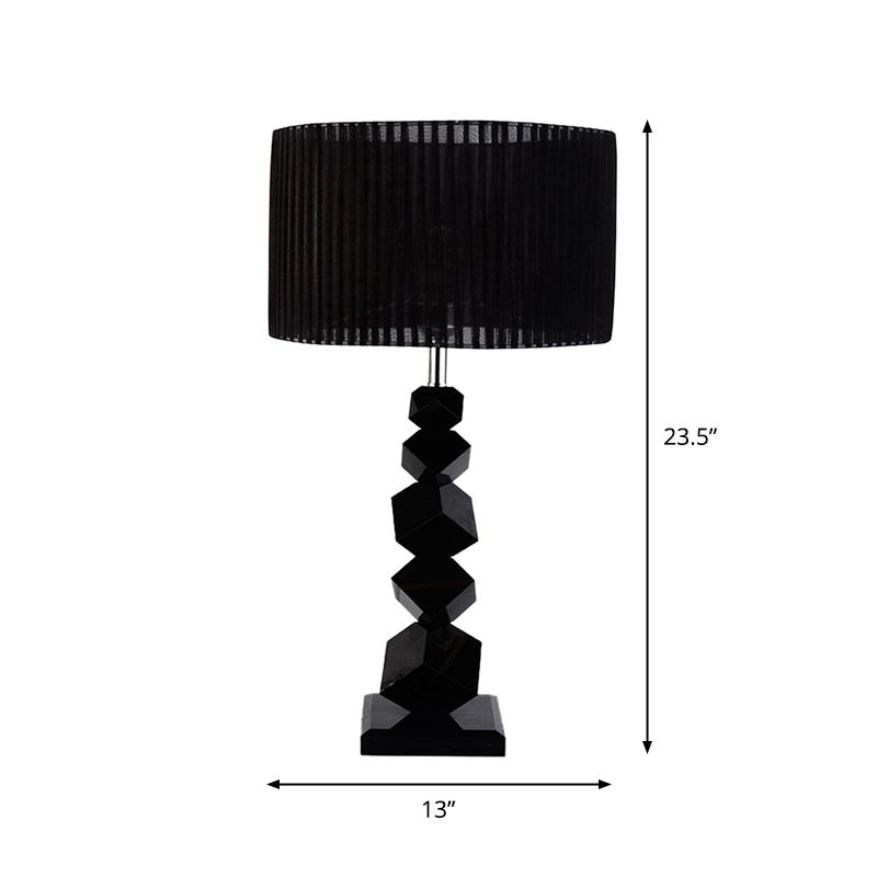 Black Drum Nightstand Lamp Modern 12"/13" W Single Pleated Fabric Table Light with Rock Pedestal