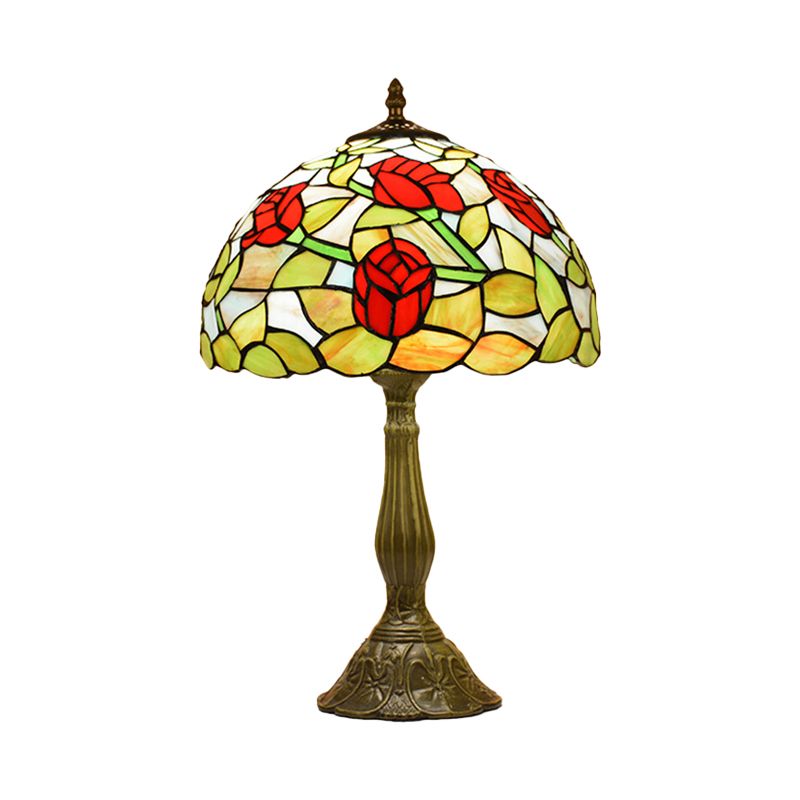 Rose Night Stand Light Tiffany Red/Orange Art Glass Single Bronze Finish Table Lamp for Living Room