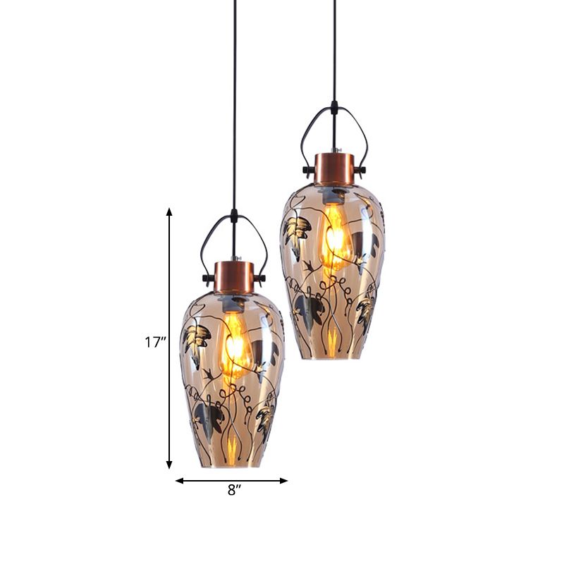 Gold Conical Multi Light Pendant Industrial Amber Glass 2/3 Heads Dining Room Ceiling Lamp with Maple Leaf Pattern